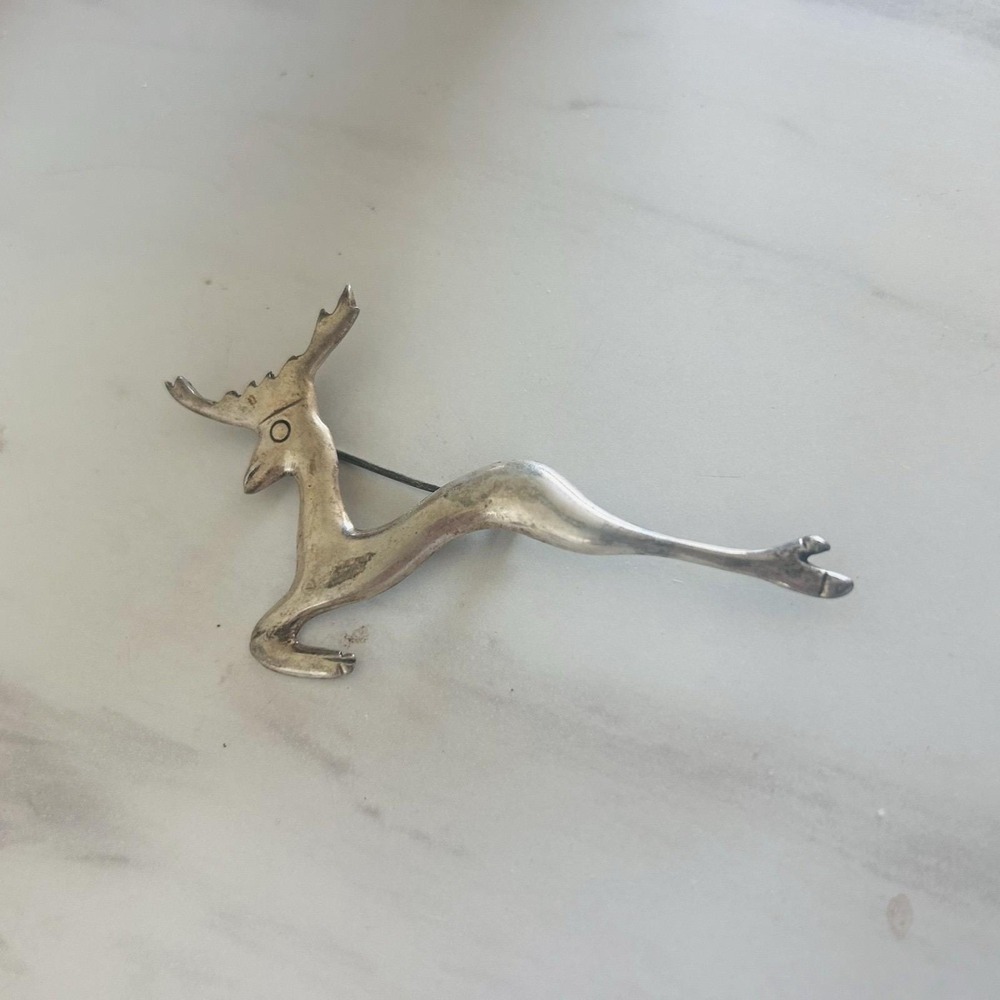 Vintage Deer Brooch Mexico Sterling Silver 925 Deer in Flight 2 3/4" x 1 1/2"
